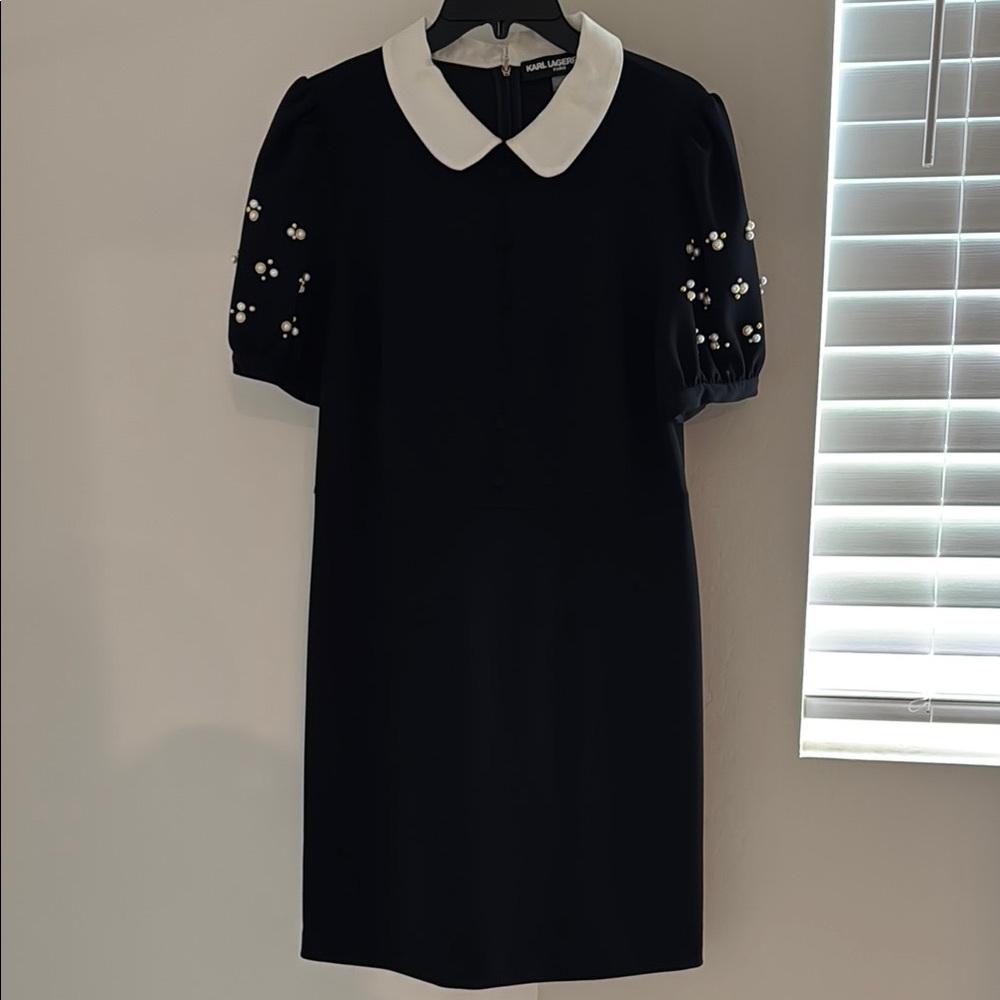 Elegant Black Dress with Pearl Accents Karl Lagerfield Paris